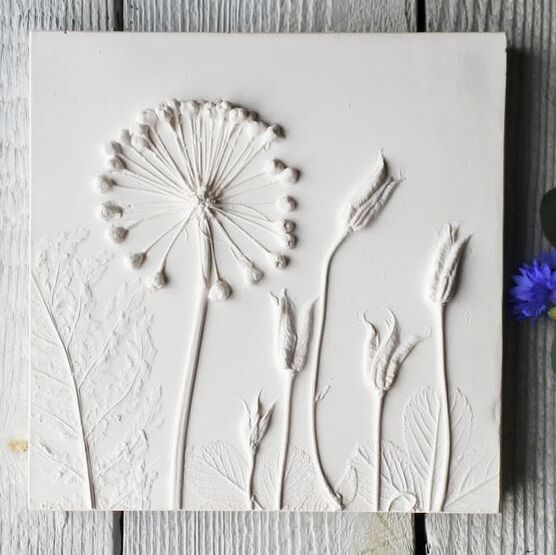 Plaster cast plaque with Allium & Aqualegia seed heads & Fern 