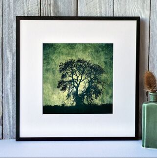 Stormy Tree at Heddon on the Wall. Print by Fiona Gray, tree silhouette against a stormy abstract background