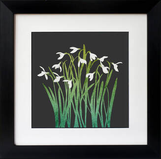 Snowdrops print on a Grey background. By Fiona Gray