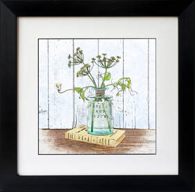 Fennel & Sweet Peas displayed in a glass bottle,  watercolour effect illustration 