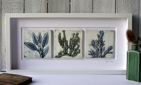 Framed coloured Sage Rosemary & Thyme plaster cast plaques