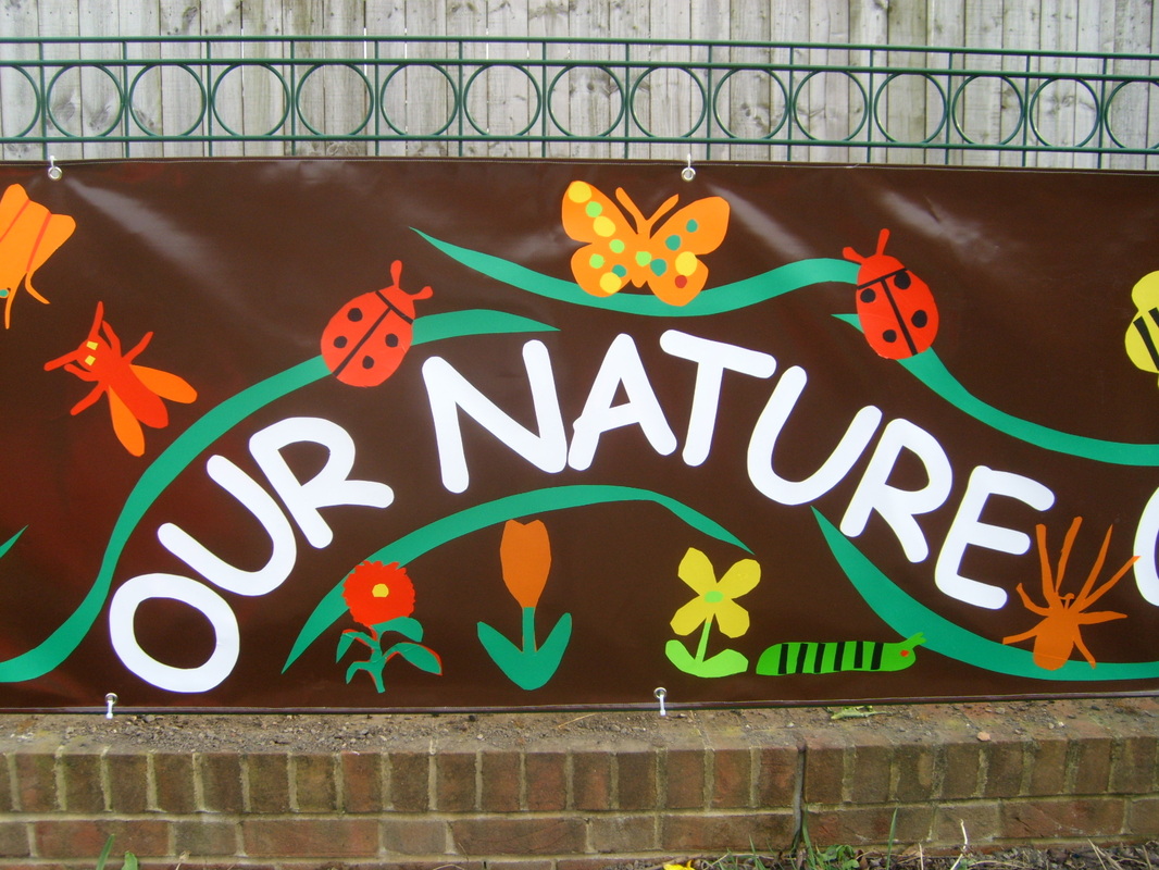 Vinly outdoor banner for an outdoor garden