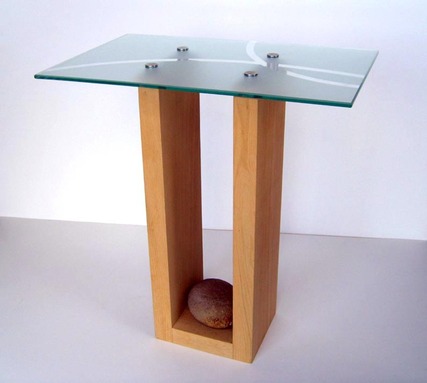 Glass & wood side table with large stone at base