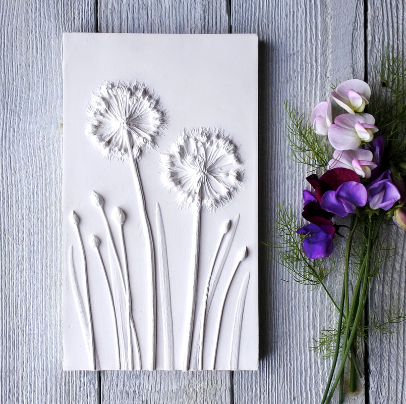 Alliums & Chives No.2 plaster cast flower tile by Fiona Gray