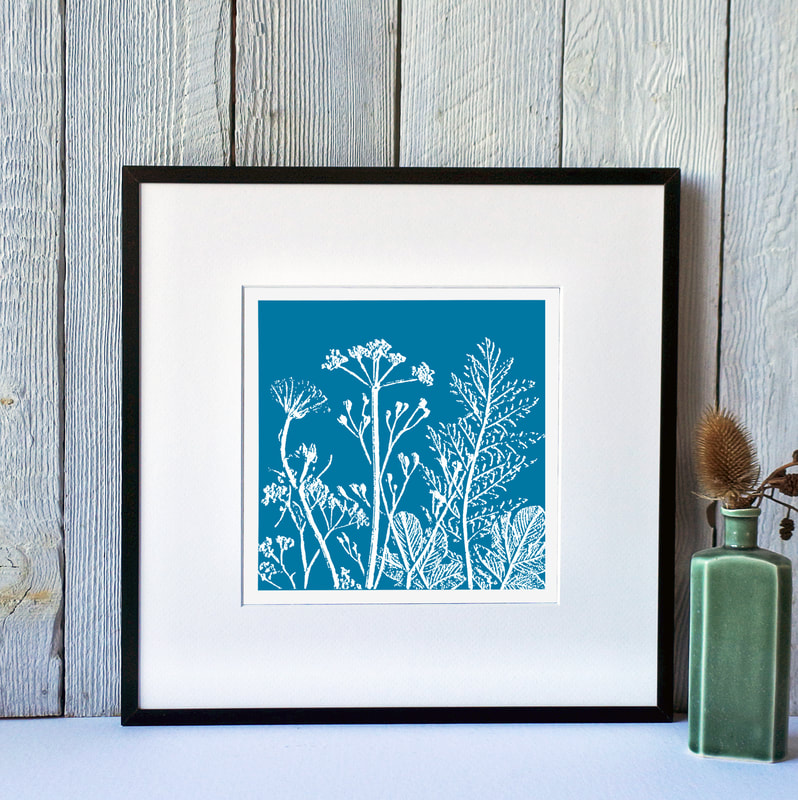 Fiona Gray, Summer Meadow Cyan print in White Frame