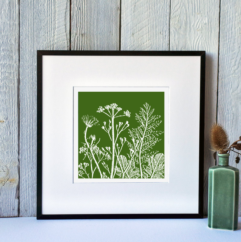 Fiona Gray, Summer Meadow Olive Green print in Black Frame