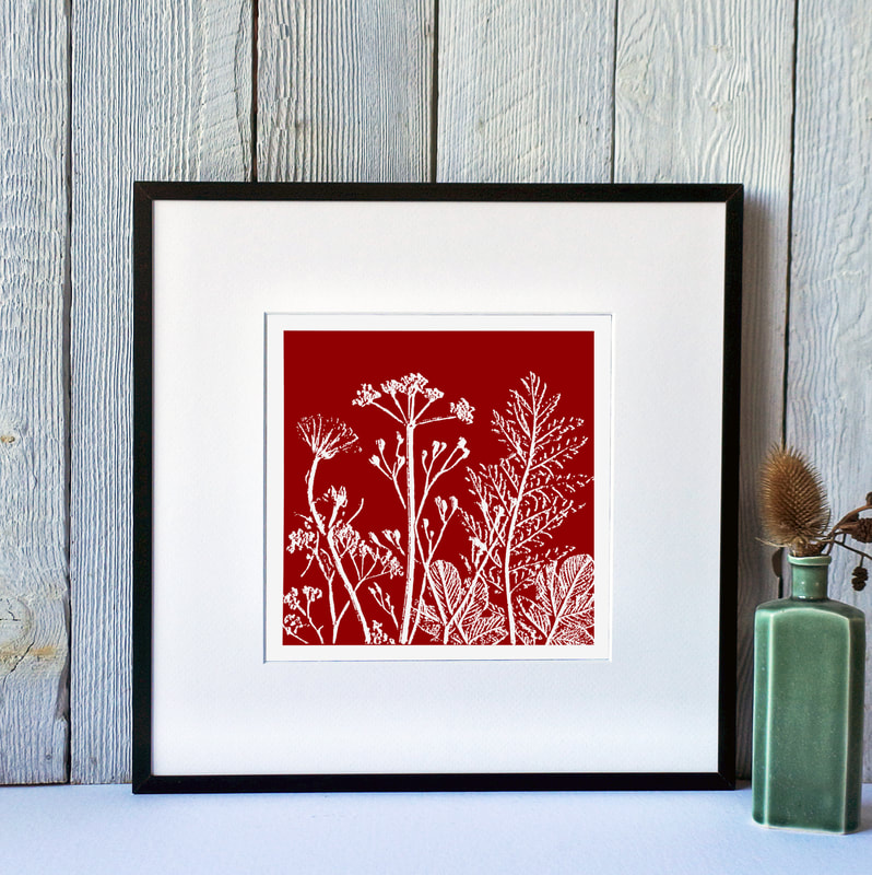 Fiona Gray, Summer Meadow Rust Red  print in Black frame