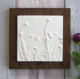 Small Cotton Lavender plaster cast tile on stained Ash