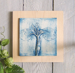 Blue Iris plaster cast tile on Maple