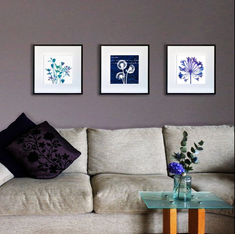Purple Dandelion silhouette print white frame